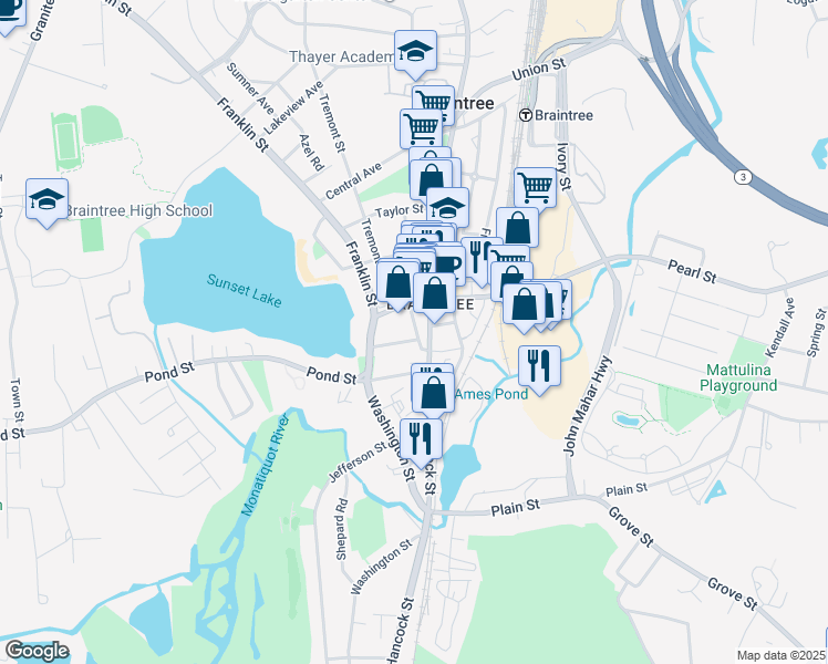 map of restaurants, bars, coffee shops, grocery stores, and more near 34 Hall Avenue in Braintree