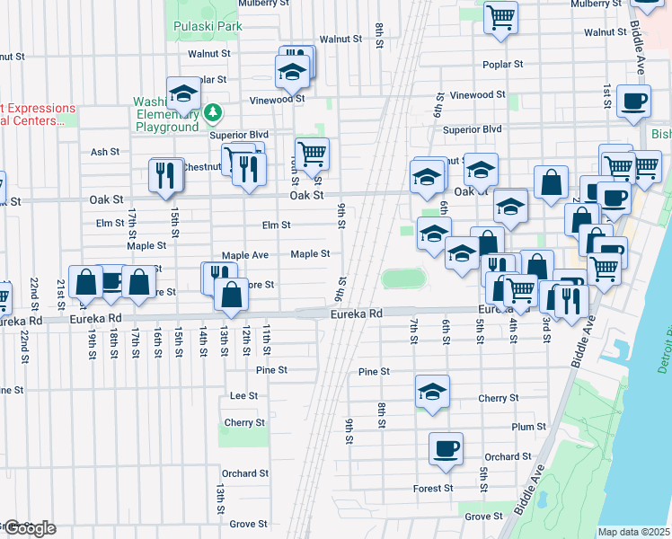 map of restaurants, bars, coffee shops, grocery stores, and more near 3152 9th Street in Wyandotte