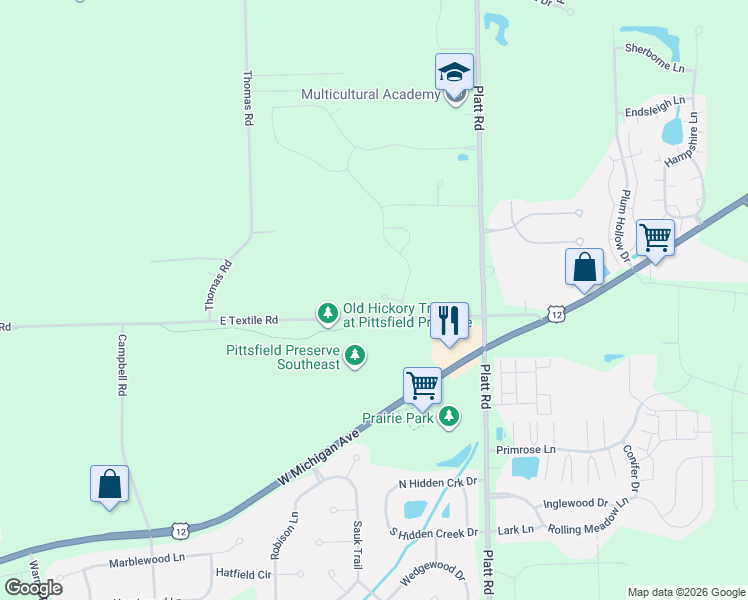 map of restaurants, bars, coffee shops, grocery stores, and more near East Textile Road in Ann Arbor