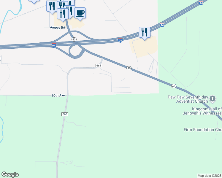 map of restaurants, bars, coffee shops, grocery stores, and more near 53 Becky Boulevard in Paw Paw