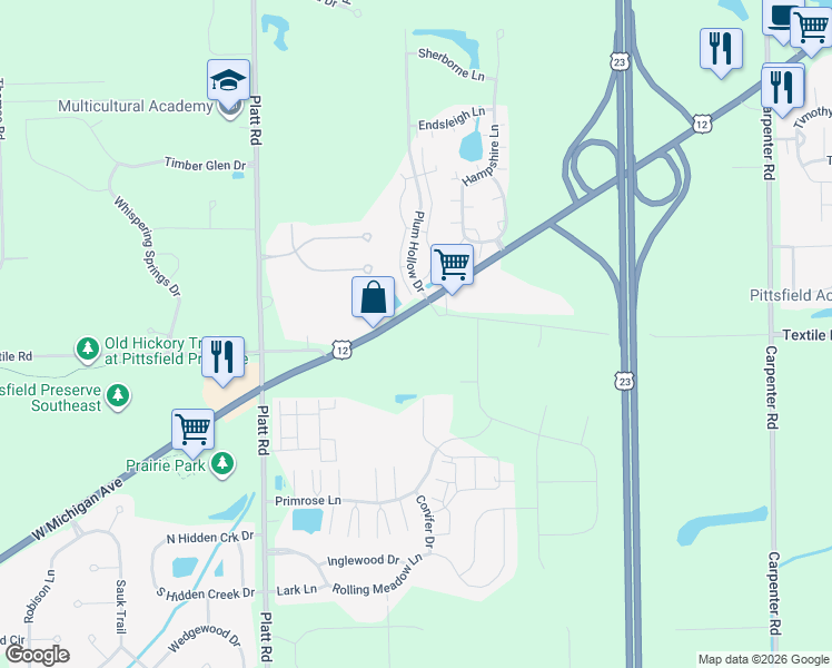 map of restaurants, bars, coffee shops, grocery stores, and more near 3350 Textile Road in Ypsilanti