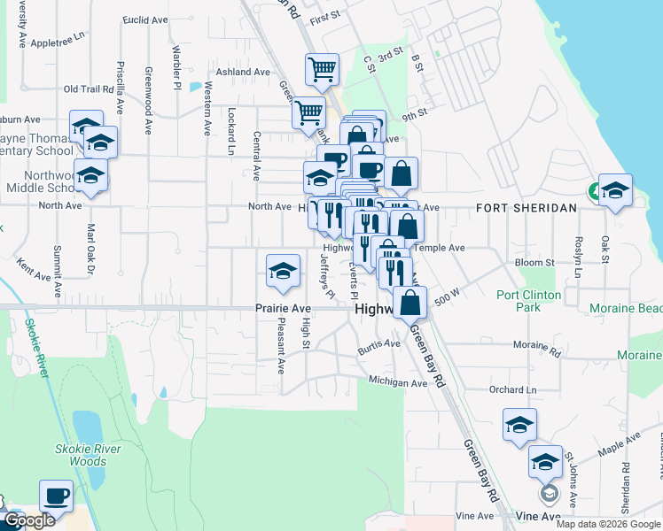 map of restaurants, bars, coffee shops, grocery stores, and more near 232 Everts Place in Highwood