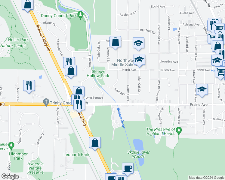 map of restaurants, bars, coffee shops, grocery stores, and more near 1120 Kent Avenue in Highland Park