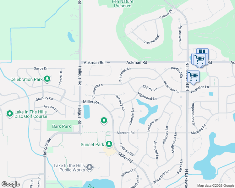 map of restaurants, bars, coffee shops, grocery stores, and more near 3161 Banbury Lane in Lake in the Hills