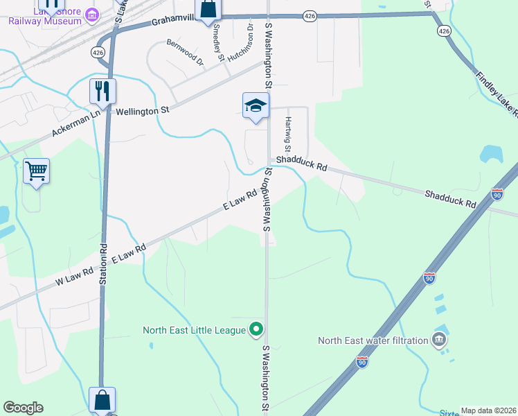 map of restaurants, bars, coffee shops, grocery stores, and more near 4570 South Washington Street in North East