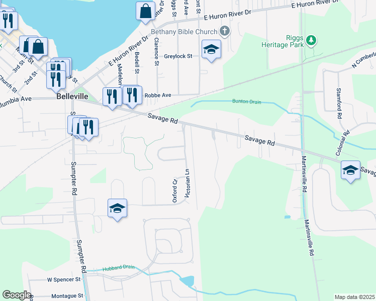 map of restaurants, bars, coffee shops, grocery stores, and more near 267 Victorian Lane in Belleville