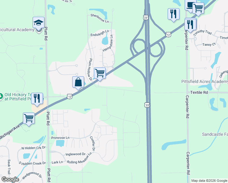 map of restaurants, bars, coffee shops, grocery stores, and more near 3644 Textile Road in Ypsilanti