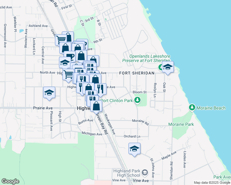 map of restaurants, bars, coffee shops, grocery stores, and more near 2687 Logan Street in Highland Park