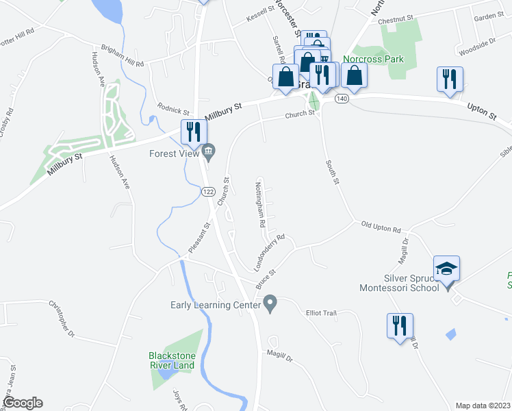 map of restaurants, bars, coffee shops, grocery stores, and more near 33 Nottingham Road in Grafton
