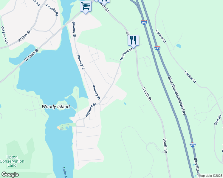 map of restaurants, bars, coffee shops, grocery stores, and more near 79 Hayward Street in Hopkinton