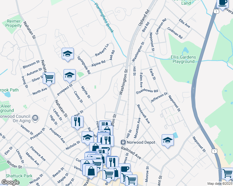 map of restaurants, bars, coffee shops, grocery stores, and more near 392 Washington Street in Norwood
