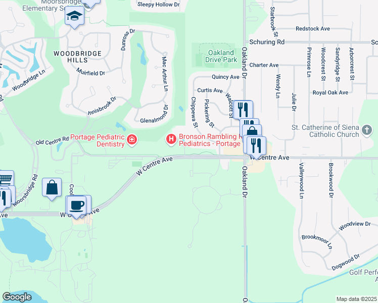 map of restaurants, bars, coffee shops, grocery stores, and more near 2501 West Centre Avenue in Portage