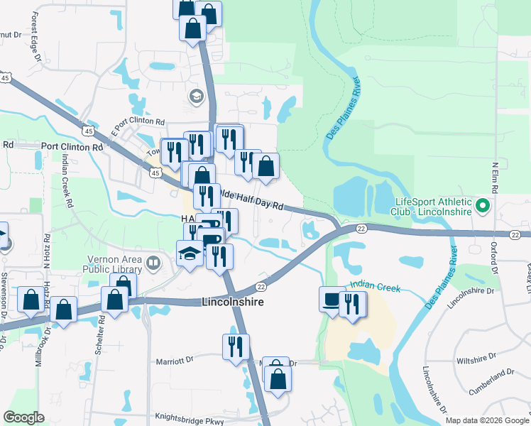 map of restaurants, bars, coffee shops, grocery stores, and more near 445 Village Green South in Lincolnshire