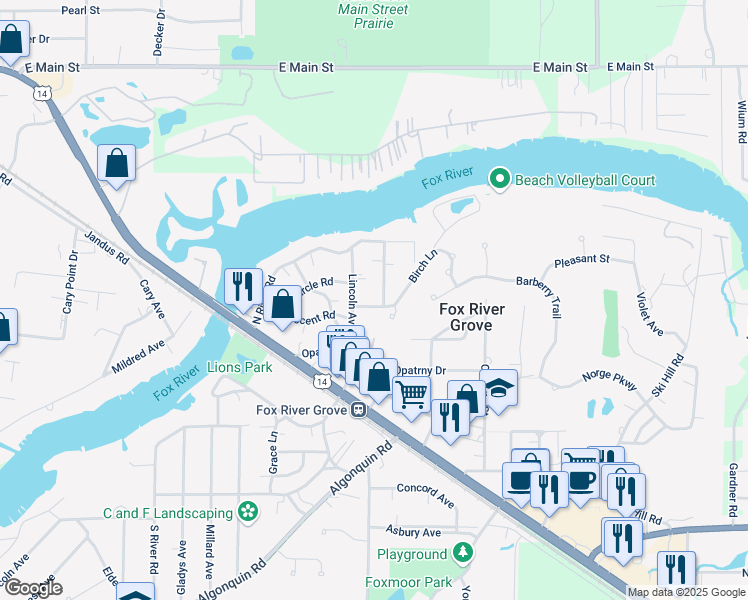 map of restaurants, bars, coffee shops, grocery stores, and more near 117 Harding Avenue in Fox River Grove