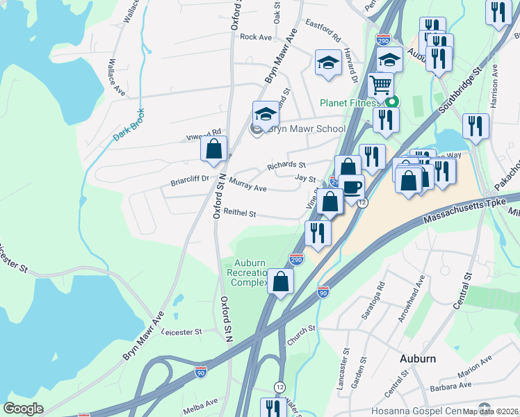 map of restaurants, bars, coffee shops, grocery stores, and more near 31 Reithel Street in Auburn