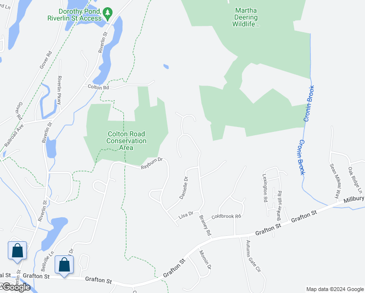 map of restaurants, bars, coffee shops, grocery stores, and more near 9 Cronin Brook Way in Millbury