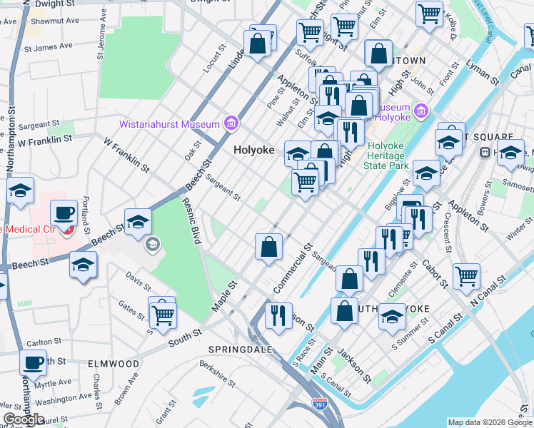 map of restaurants, bars, coffee shops, grocery stores, and more near 306 Chestnut Street in Holyoke