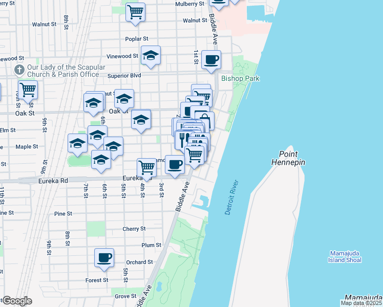 map of restaurants, bars, coffee shops, grocery stores, and more near 138 Sycamore Street in Wyandotte