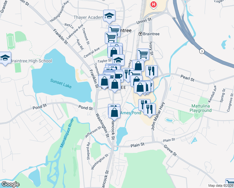 map of restaurants, bars, coffee shops, grocery stores, and more near 5 Thayer Avenue in Braintree