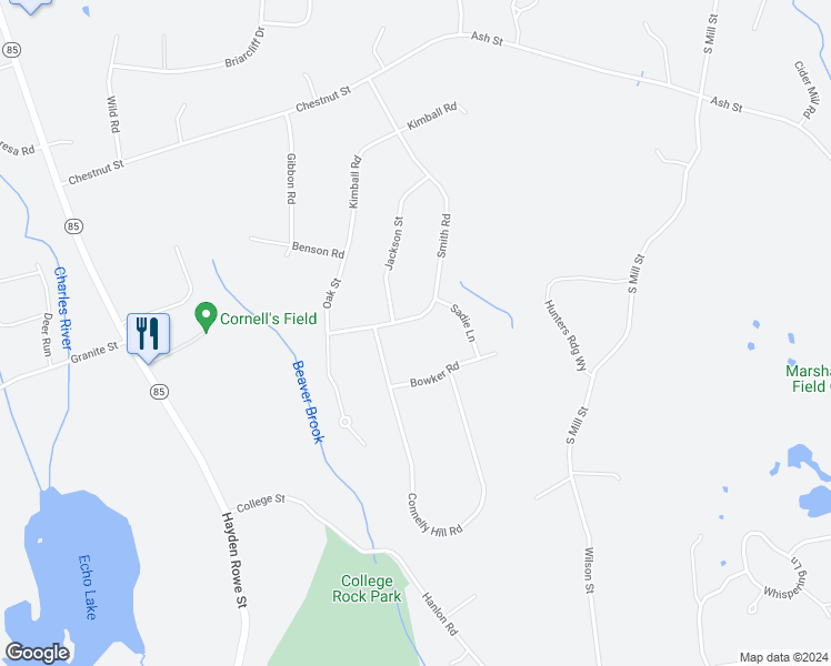 map of restaurants, bars, coffee shops, grocery stores, and more near 33 Smith Road in Hopkinton