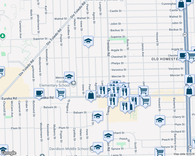 map of restaurants, bars, coffee shops, grocery stores, and more near 14672 Longtin Street in Southgate
