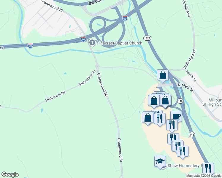 map of restaurants, bars, coffee shops, grocery stores, and more near 397A Greenwood Street in Millbury