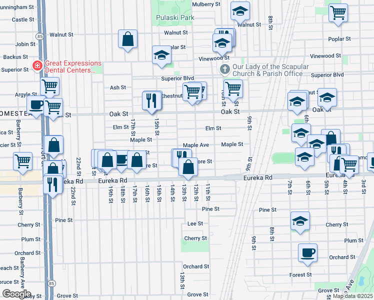 map of restaurants, bars, coffee shops, grocery stores, and more near 1204 Sycamore Street in Wyandotte