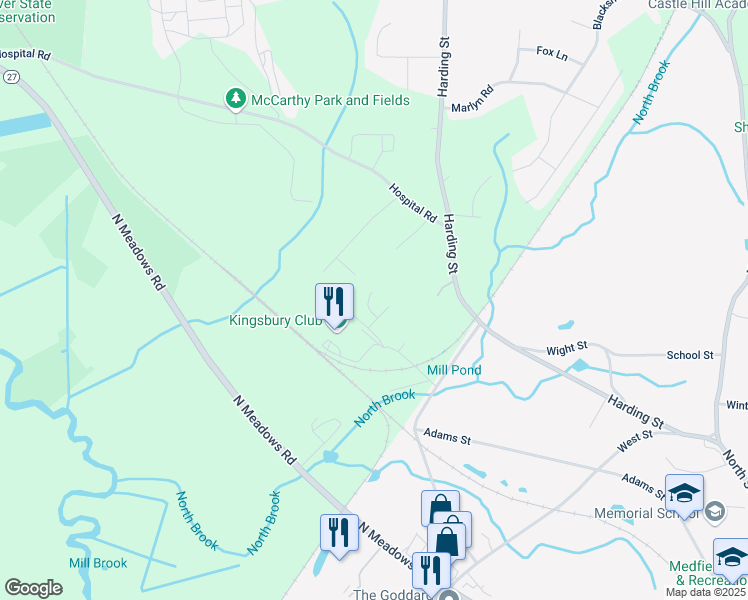 map of restaurants, bars, coffee shops, grocery stores, and more near 1 Ice House Road in Medfield