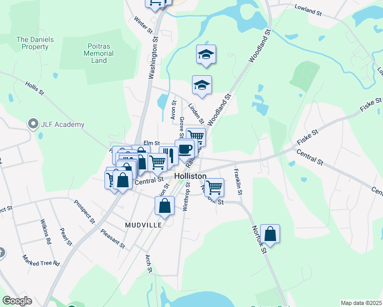 map of restaurants, bars, coffee shops, grocery stores, and more near 132 Central Street in Holliston
