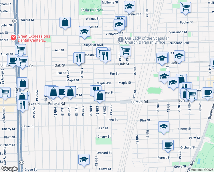 map of restaurants, bars, coffee shops, grocery stores, and more near 1204 Sycamore Street in Wyandotte