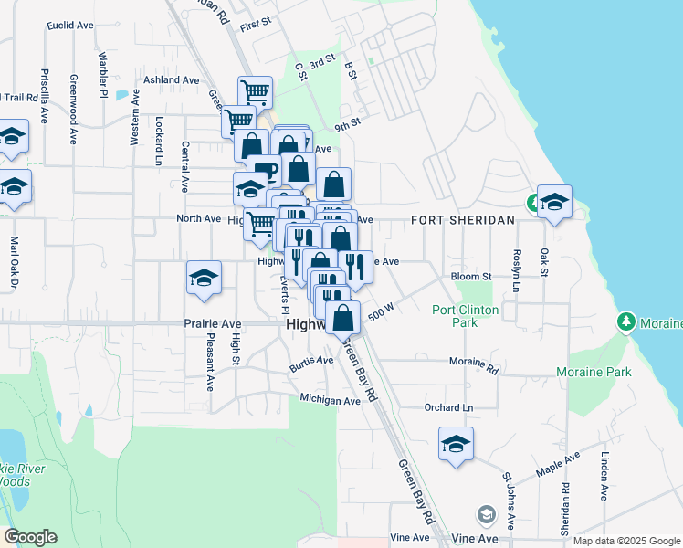 map of restaurants, bars, coffee shops, grocery stores, and more near in Highwood