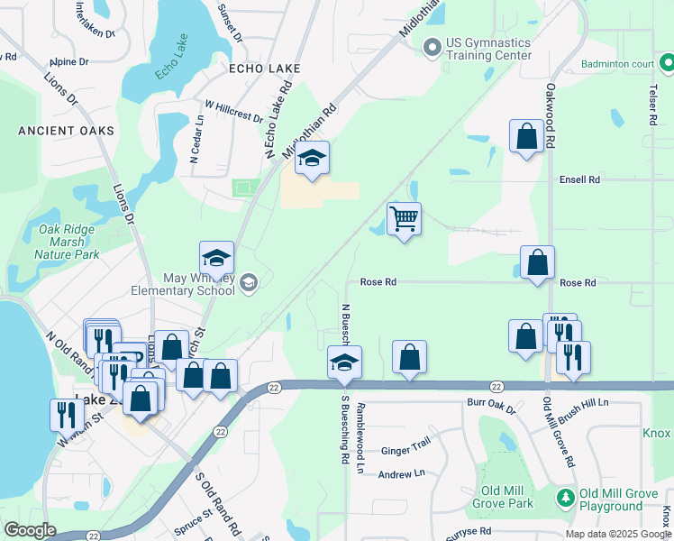 map of restaurants, bars, coffee shops, grocery stores, and more near 25 North Buesching Road in Lake Zurich