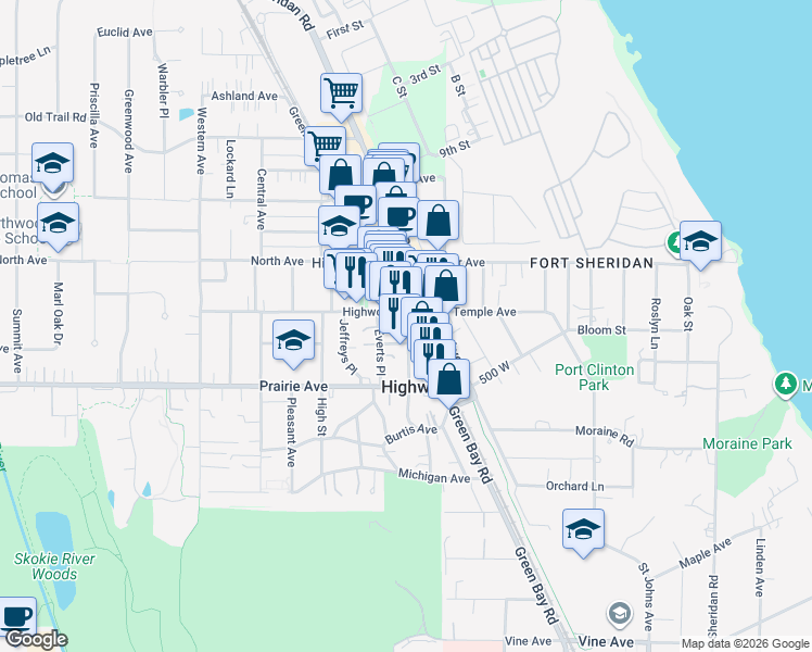 map of restaurants, bars, coffee shops, grocery stores, and more near 246 Green Bay Road in Highwood
