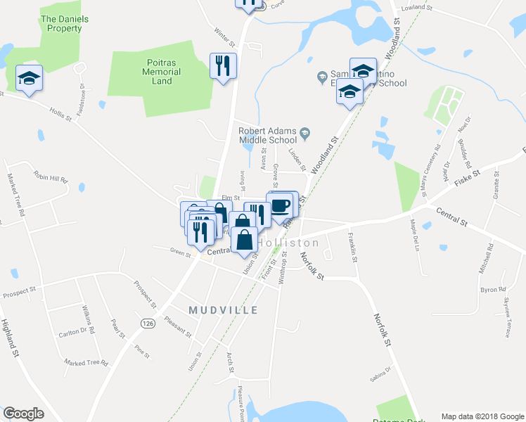 map of restaurants, bars, coffee shops, grocery stores, and more near 72 Church Street in Holliston