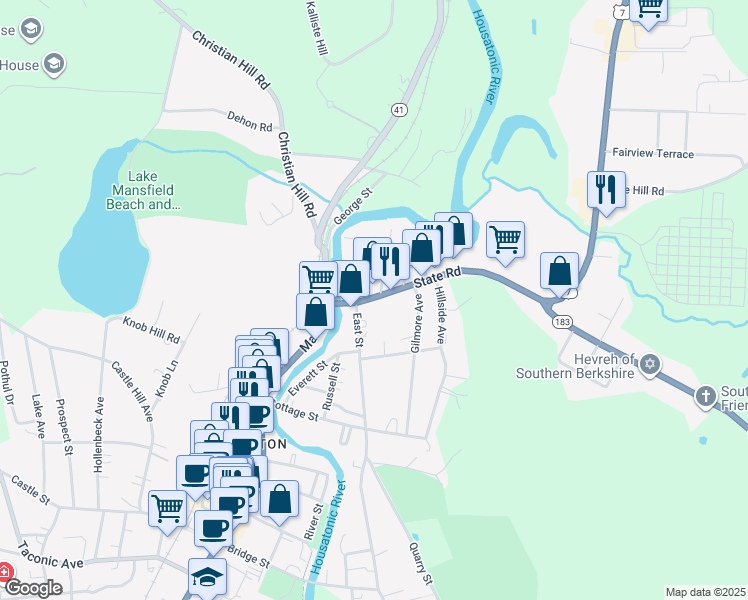 map of restaurants, bars, coffee shops, grocery stores, and more near 223 State Rd in Great Barrington