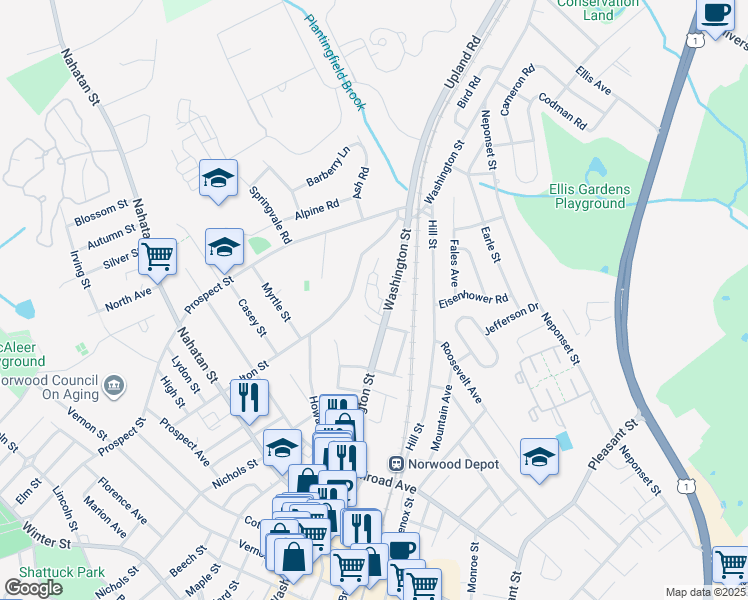 map of restaurants, bars, coffee shops, grocery stores, and more near 367-389 Washington Street in Norwood