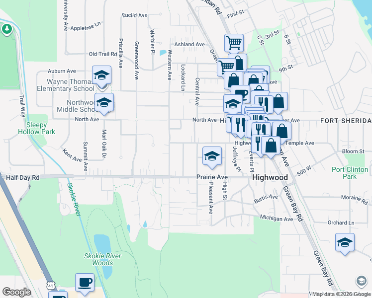 map of restaurants, bars, coffee shops, grocery stores, and more near 249 Evolution Avenue in Highwood