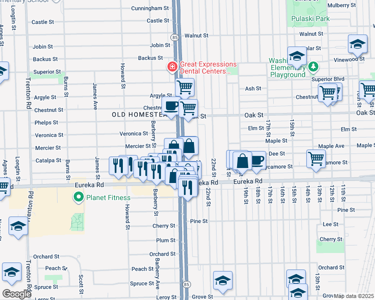 map of restaurants, bars, coffee shops, grocery stores, and more near 3171 Michigan 85 in Wyandotte