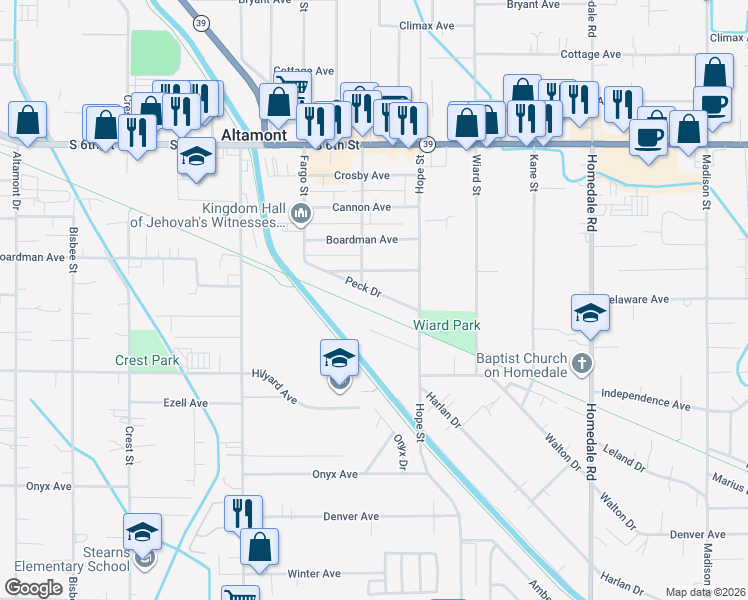 map of restaurants, bars, coffee shops, grocery stores, and more near 4630 Sjodin Lane in Klamath Falls