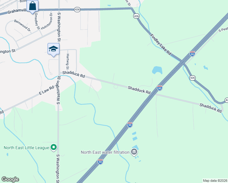 map of restaurants, bars, coffee shops, grocery stores, and more near 11505 Shadduck Road in North East
