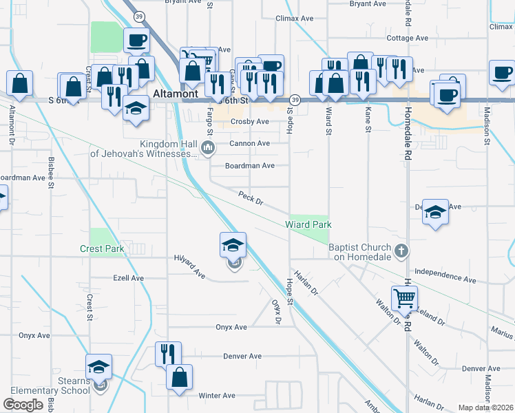 map of restaurants, bars, coffee shops, grocery stores, and more near 4630 Sjodin Lane in Klamath Falls