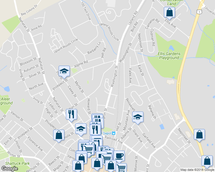 map of restaurants, bars, coffee shops, grocery stores, and more near 367-389 Washington Street in Norwood