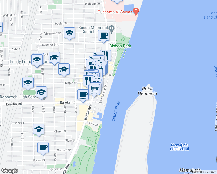 map of restaurants, bars, coffee shops, grocery stores, and more near 3157 Van Alstyne Street in Wyandotte