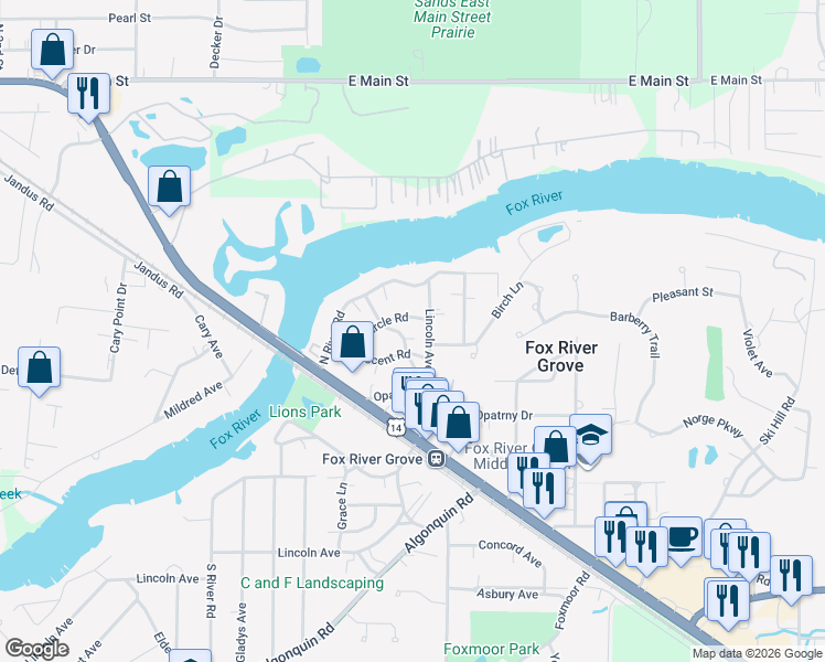 map of restaurants, bars, coffee shops, grocery stores, and more near 112 Crescent Road in Fox River Grove