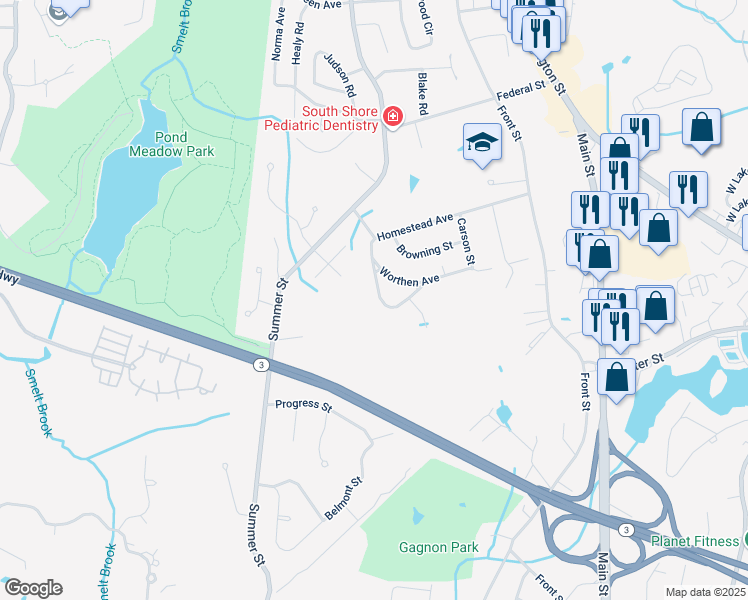 map of restaurants, bars, coffee shops, grocery stores, and more near 43 Aster Circle in Weymouth