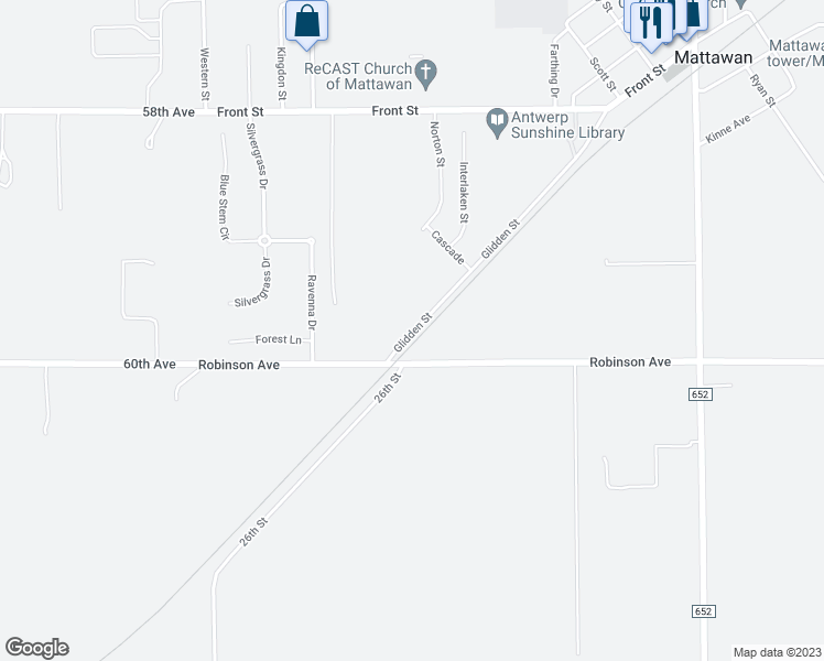 map of restaurants, bars, coffee shops, grocery stores, and more near 59628 Glidden Street in Mattawan