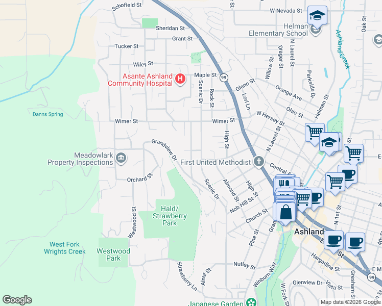 map of restaurants, bars, coffee shops, grocery stores, and more near 319 West Street in Ashland