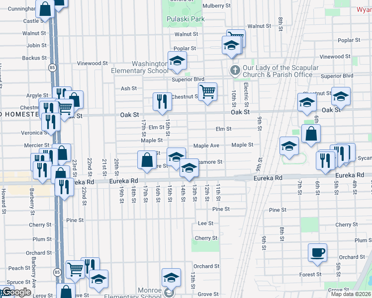map of restaurants, bars, coffee shops, grocery stores, and more near 1260 Sycamore Street in Wyandotte
