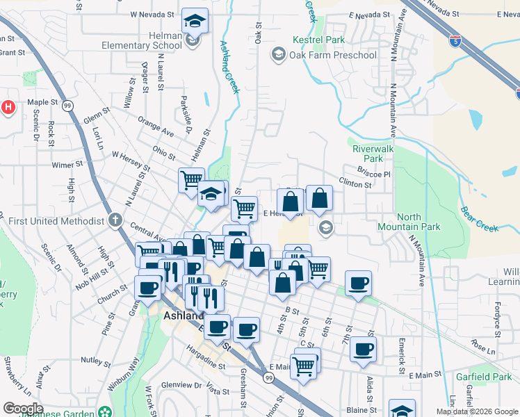 map of restaurants, bars, coffee shops, grocery stores, and more near 210 West Hersey Street in Ashland
