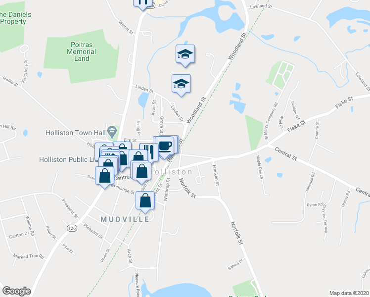map of restaurants, bars, coffee shops, grocery stores, and more near 137 Church Street in Holliston